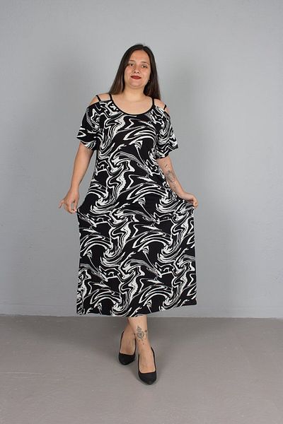 Truva XXL Large Size Lycra Viscose Patterned Dress with Shoulder Detail