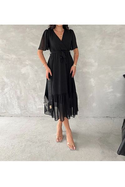 tülaybutik Women's V-Neck Chiffon Midi Length Dress with Sash