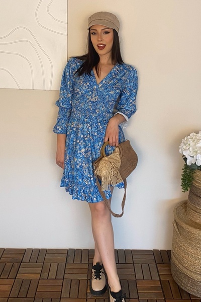 Ded COLLECTION Γυναικείο καλοκαιρινό κοντό φόρεμα με λουλουδάτο μοτίβο με λαιμόκοψη V με βολάν