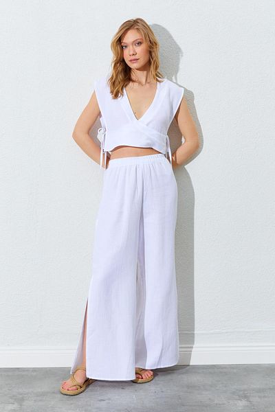 TENA Women's Ecru Double Collar Tied Muslin Suit