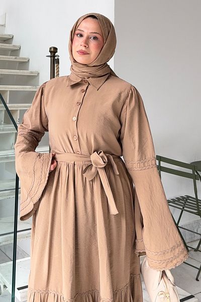 Salih Çelebi Ισπανικό Μανίκι Φόρεμα Hijab 2276 - MINK