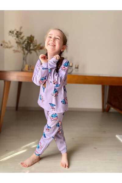 Little Miny Kids MinyKids Lila Stitch Desen Fitilli Kız Çocuk Pijama Takım