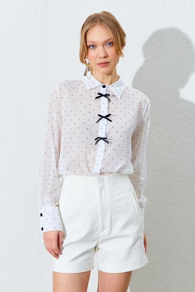 TENA Women's Ecru Ribbon Detailed Polka Dot Chiffon Blouse