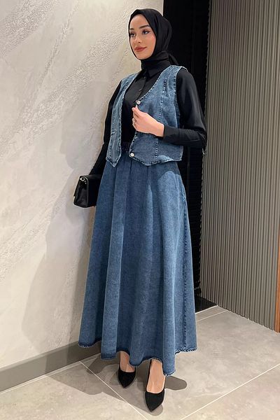 julude Fusta Hijab Albastră Buzunar Vestă Jeans Jeans Set Dublu