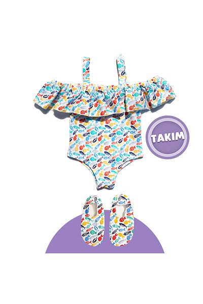Ella Bonna Colorful Fishes Themed Girl's Beach Combination Sea Shoes & Sea Swimsuit Set