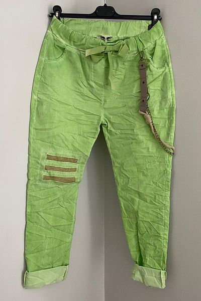 AYASOFYA OTANTIK Women's Italian Green Lace-Up Elastic Waist Patch and Chain Detailed Pocket Lycra Skinny Leg Trousers