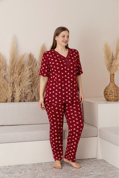 Temporium Women's Large Size Patterned Buttoned Collar Short Sleeve Bamboo Pajama Set