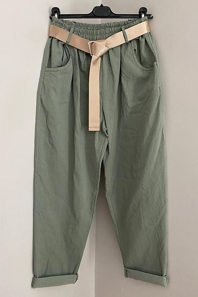 AYASOFYA OTANTIK Women's Italian Khaki Elastic Waist Shiny Buckle Belt Plain Patterned Lycra Loose Carrot Leg Trousers
