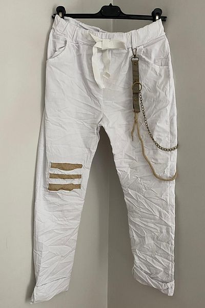 AYASOFYA OTANTIK Women's Italian White Lace-Up Elastic Waist Patch and Chain Detailed Pocket Lycra Skinny Leg Trousers