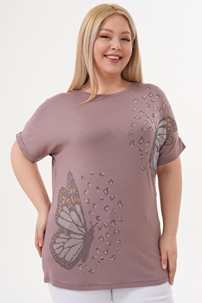Siyezen Plus Size Butterfly Stone Detailed Bat Sleeve Blouse