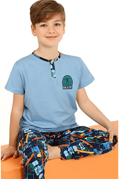 Little Miny Kids ميني كيدز طقم بيجامة بنقشة تزلج أزرق بأكمام قصيرة 100% قطن ل...