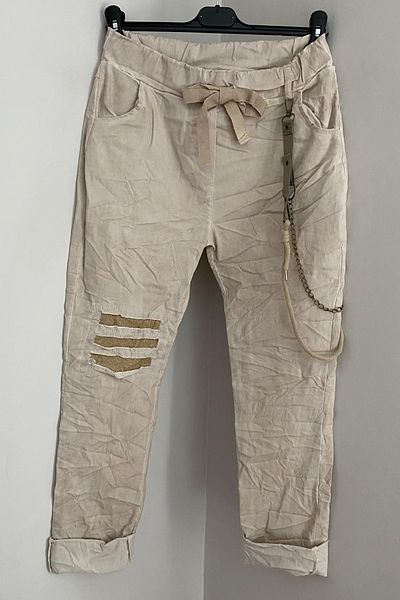 AYASOFYA OTANTIK Women's Italian Beige Lace-Up Elastic Waist Patch and Chain Detailed Pocket Lycra Skinny Leg Trousers