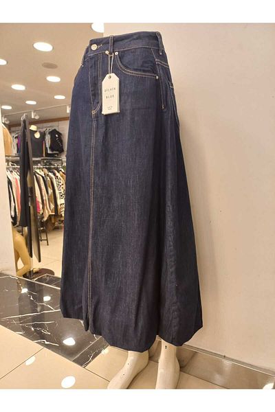 Dilvin Di̇lvi̇n Women's Long Denim Balloon Skirt with Shirred Bottom