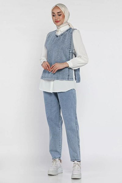 julude Vestă din denim cu detaliu din piatră, cu cravată laterală albastră, pantaloni, pantaloni, costum triplu hijab