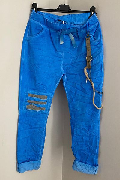 AYASOFYA OTANTIK Women's Italian Saks Blue Lace-Up Lycra Skinny Leg Trousers