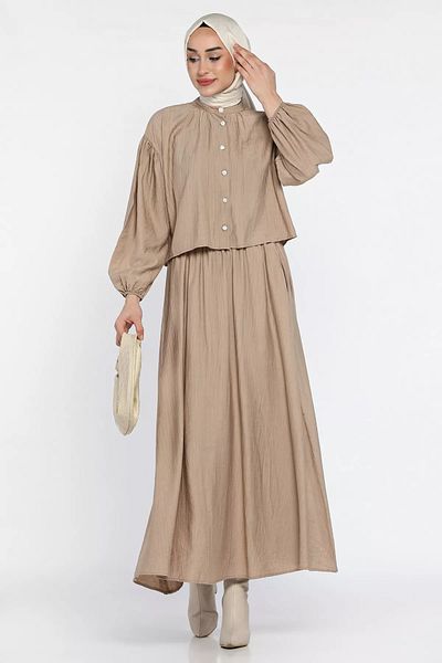 julude Μπεζ πουκάμισο με λεπτομέρεια τσέπης Hijab διπλό σετ