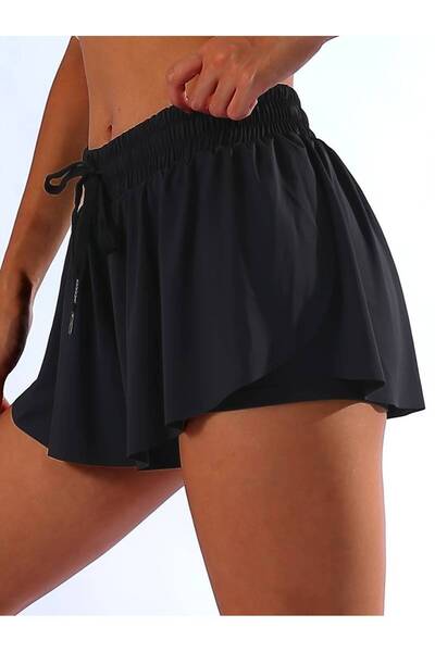 MADAM SHİLA Siyah Spor Şort Yüksel Bel Slimfit Taytlı Bağcıklı Cepli Shila Sports Shorts