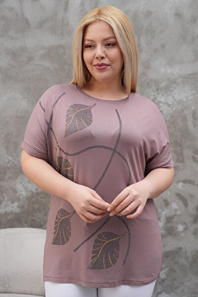 Siyezen Large Size Gold Stone Leaf Printed Bat Sleeve Blouse