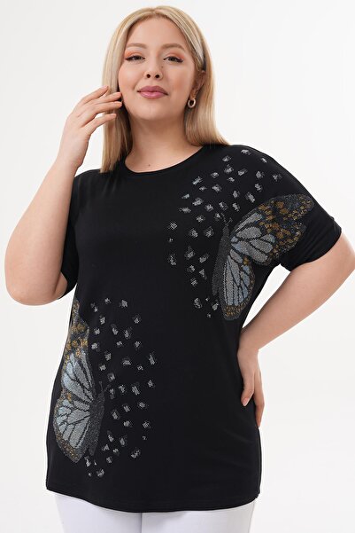 Siyezen Plus Size Butterfly Stone Detailed Bat Sleeve Blouse