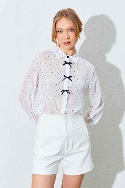 TENA Women's Ecru Ribbon Detailed Polka Dot Chiffon Blouse