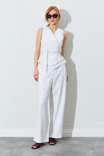 TENA Women's Ecru Double Breasted Vest and Tied Palazzo Trousers Suit