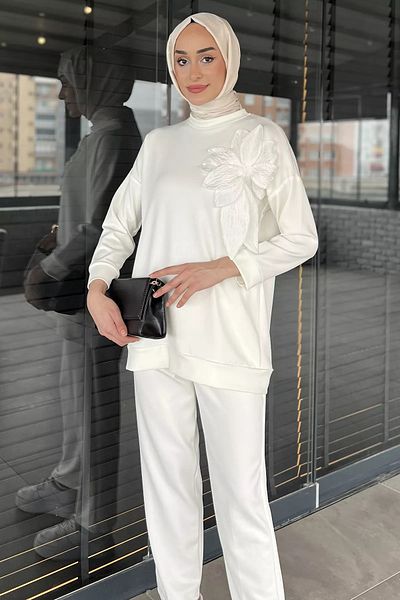 julude White Collar Floral Detailed Tunic Trousers Hijab Double Set