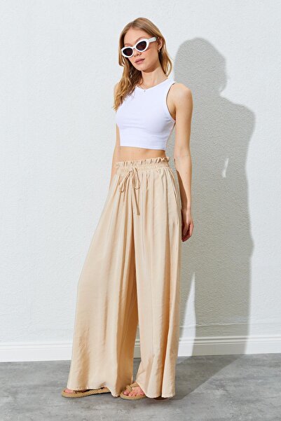 TENA Women's Beige Loose Cut Modal Trousers with Thick Elastic Waist