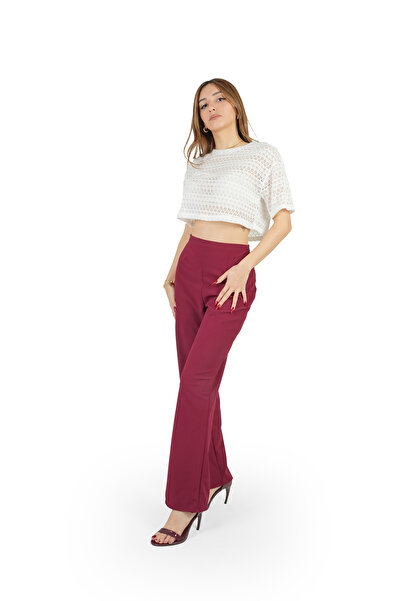 Cherry Lane Burgundy Color Hidden Zipper Crep Fabric Trousers
