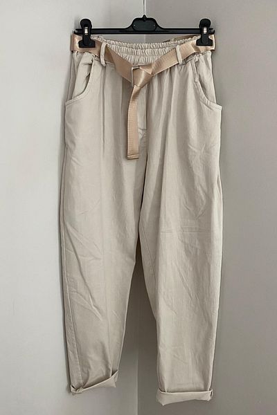 AYASOFYA OTANTIK Women's Italian Beige Elastic Waist Shiny Buckle Belt Plain Patterned Lycra Loose Carrot Leg Trousers