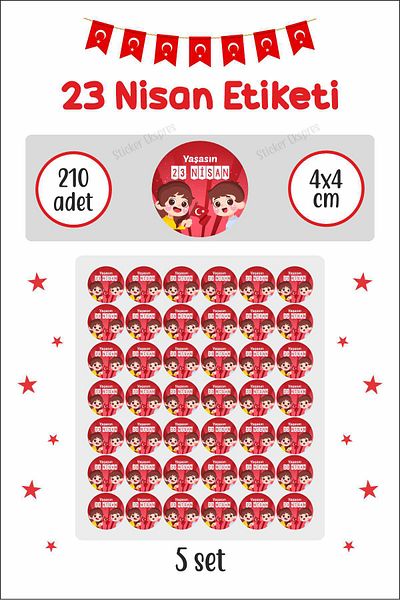Sticker Ekspres 210 Pieces 23 April Label Red Background Children's National Sovereignty and Children's Day Sticker