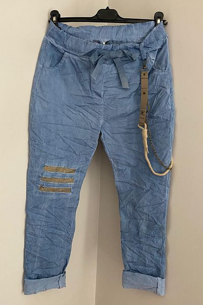AYASOFYA OTANTIK Pantaloni de damă italieni indigo cu șireturi, cu talie elastică, cu buzunare și cu lanț, din lycra