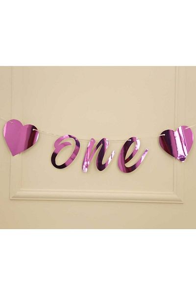 Organizasyon Pazarı ONE Written Metallized Pink Color Banner Στολίδι τοίχου με κορδόνι για πάρτι 1 έτους