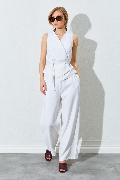 TENA Women's Ecru Double Breasted Vest and Tied Palazzo Trousers Suit