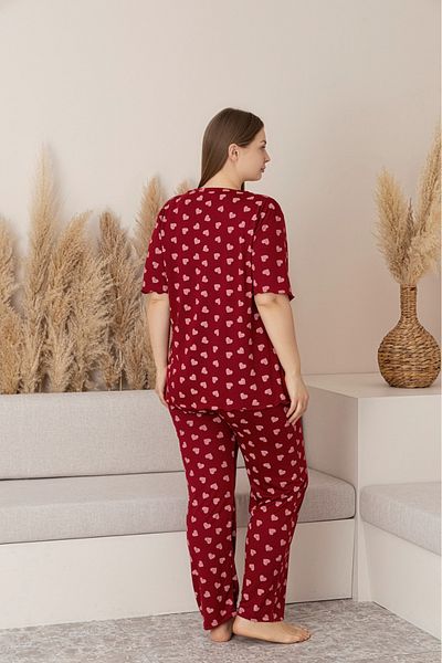Temporium Women's Large Size Patterned Buttoned Collar Short Sleeve Bamboo Pajama Set