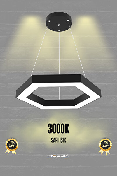 Hegza Lighting Hexagon ( Siyah Kasa, Sarı Işık ) Ledli Modern Led Avize, Salo...