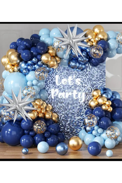 Çemrek Süs Parti Metalik MAvi Lacivert Mavi Şeffaf Pullu Gold Krom Balon Zinciri Seti 100 lü