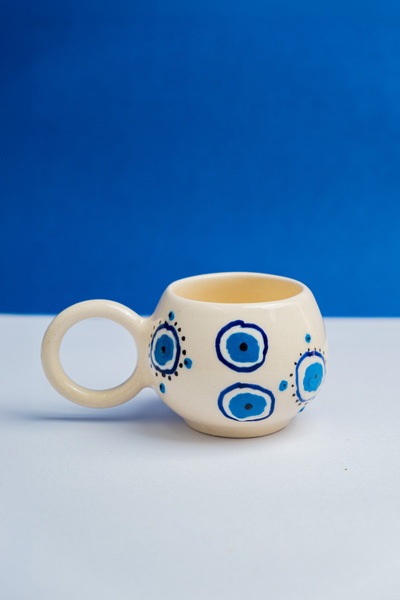 touchmughm Handmade Ceramic Coffee Cup, Ceramic Double Mug, Ceramic Dark Blue 2-Piece Evil Eye Cup