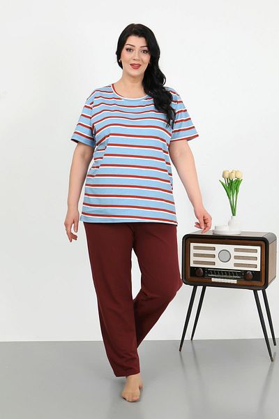 Akbeniz Women's Large Size Short Sleeve Combed Cotton Pajama Set Blue 202505