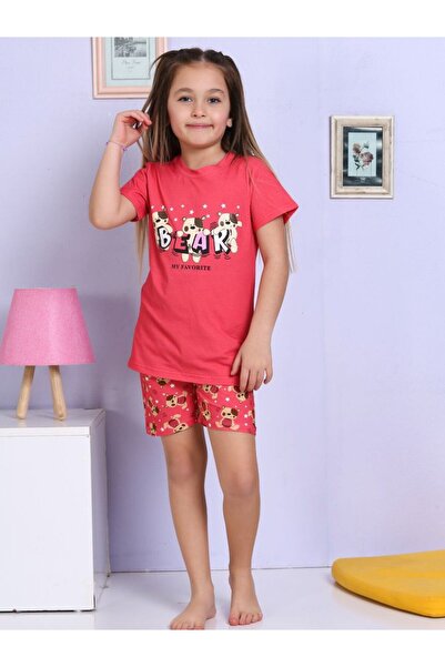 Little Miny Kids Minykids Red Pajama Set with Teddy Bear Patterned Shorts