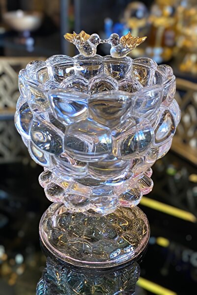 LEMİ DEKORASYON Kuş Detaylı Toz Pembe Cam Şekerlik-dondurma Kasesi