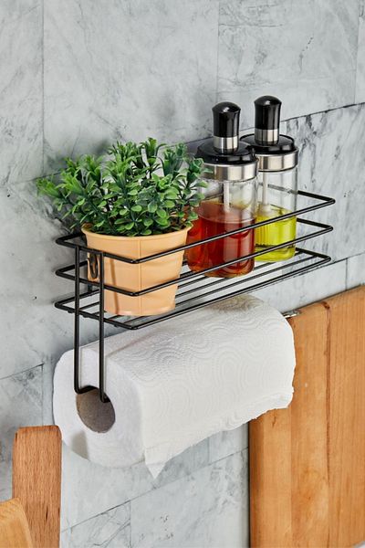 MultiStore Adhesive Metal Paper Towel Holder, Black Spice Stand and Kitchen Shelf