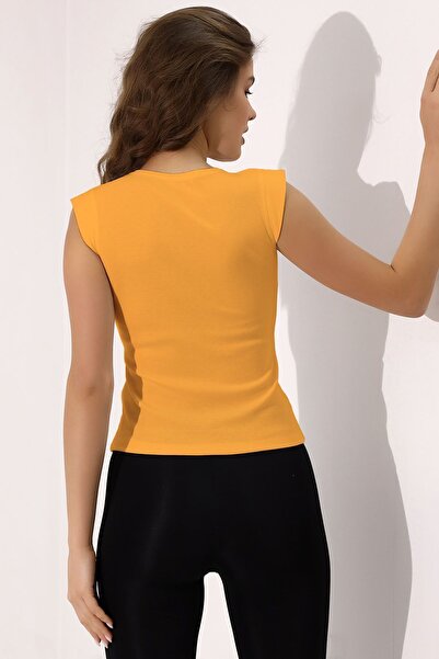 Şiir Shine Bluză și tricou pentru femei, cu croială subțire, cu gât în formă de O, cu mâneci în formă de mână, elastică basic bumbac moale - Muștar