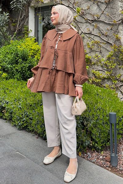 Salih Çelebi Lace-Up Layered Kimono 2289 - Brown
