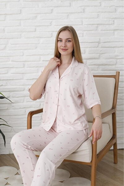 Espuar 773 Kutulu Classic Kısa Kol Kadın Gömlek Pijama Takımı, Boydan Düğmeli Viskon Pijama Takım