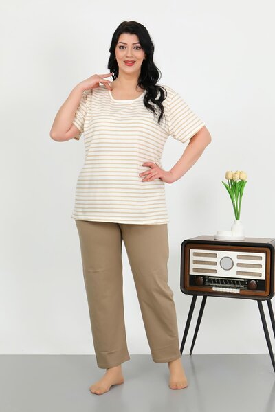 Akbeniz Women's Plus Size Pajama Set Short Sleeve Combed Cotton Milk Coffee 202505