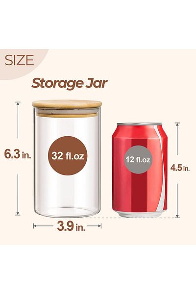 Home Zone Set of 6, 32oz Glass Storage Containers with Lids for Cookie Pasta Flour Rice Tea Coffee Bean