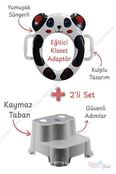 Tuka Home Çocuk Bebek Klozet Adaptörü Süngerli Yumuşak Panda Desenli ve Katlı Basamak Set Eğitici