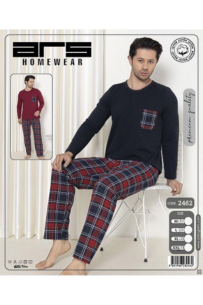 Ars Men's Pajama Sets Plaid Long Sleeve Six Check Pajama Sets Cotton Plaid