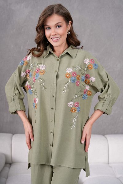 MVStore Cămașă oversize din in, cu broderie cu modele florale, cu detalii de piatră