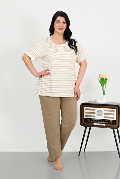 Akbeniz Women's Plus Size Pajama Set Short Sleeve Combed Cotton Milk Coffee 202505